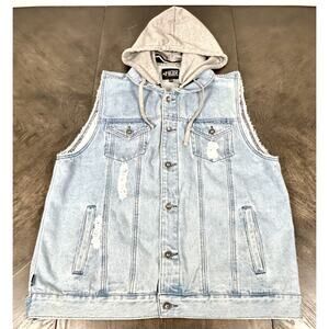 XXX Rude Sleeveless Denim Vest Attached Hood Acid Wash 2XL Grunge Punk Skater